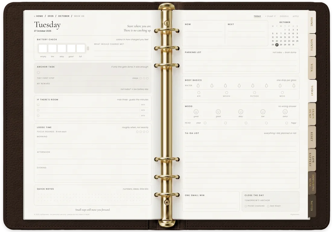 Easy Planner open on the Today page, espresso leather binder with gold rings